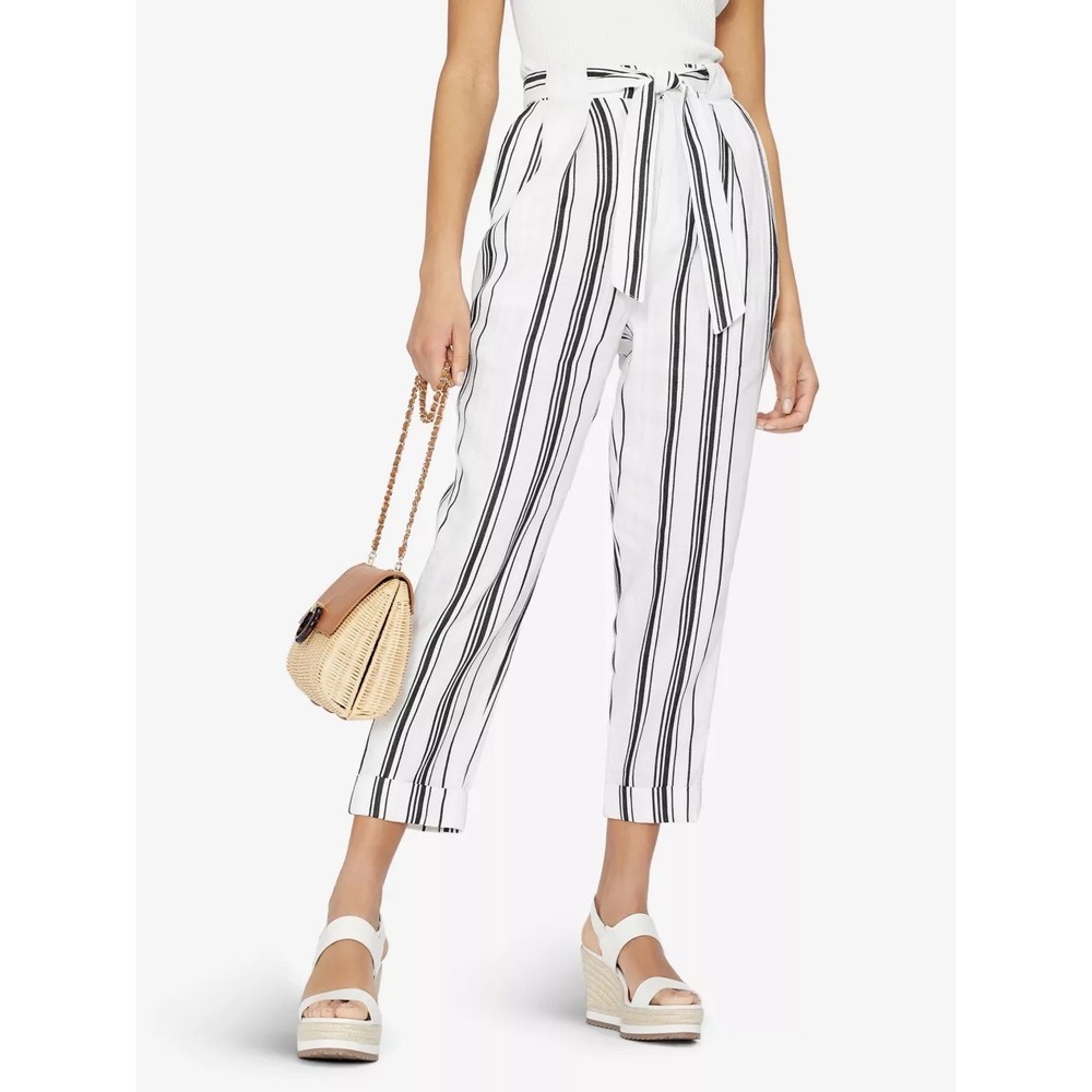 Ted Baker Asherr Pants Size 4 White Black Linen Cotton Striped Cuffed Paperbag